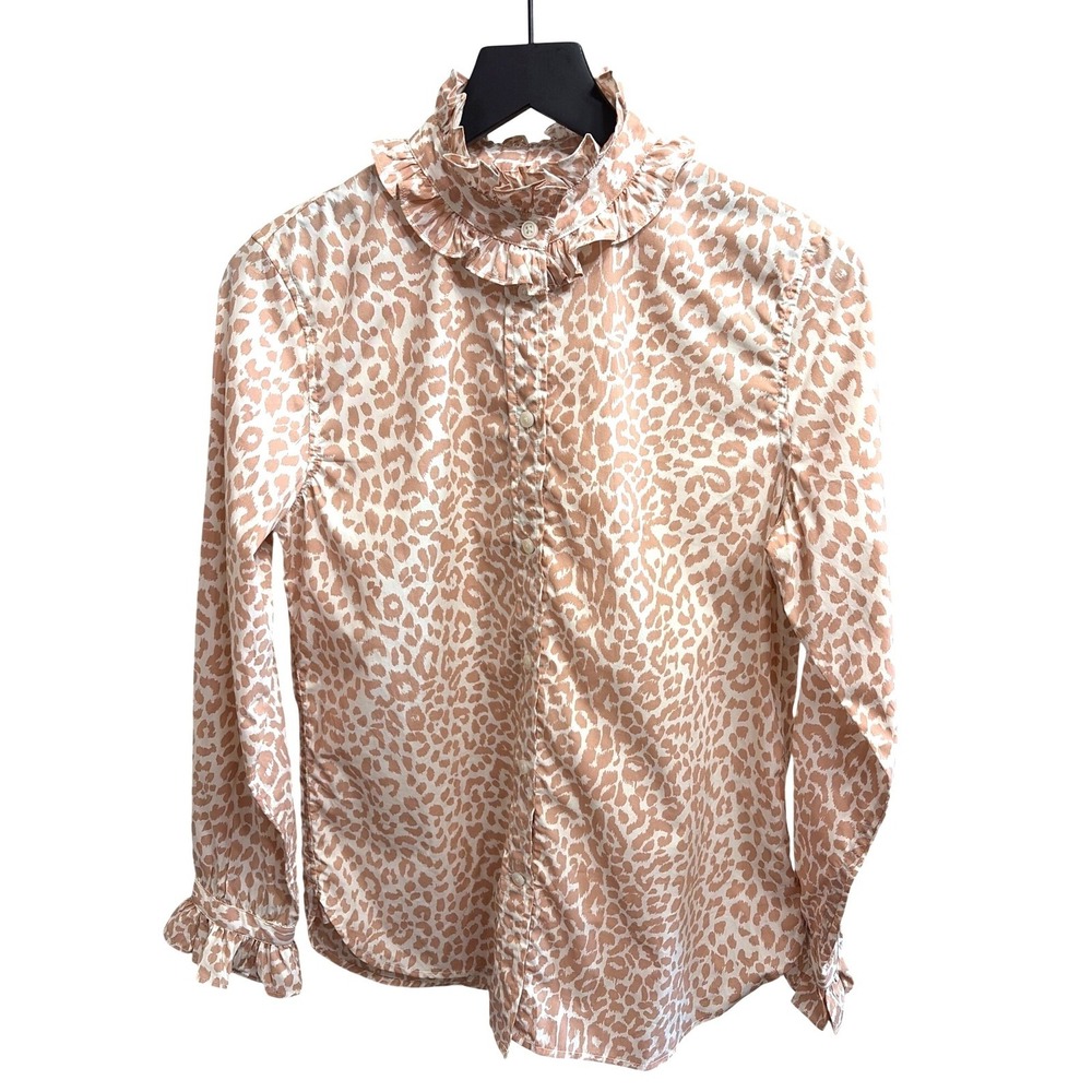 J Crew Edwardian Blouse Womens 4 Cheetah Print Ruffle High Neck Victorian NWT